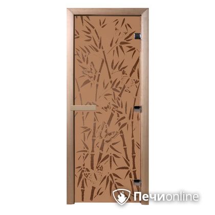 Дверь стеклянная Банный эксперт Бамбук и бабочки бронза матовое 8мм коробка ольха 190/70 в Челябинске